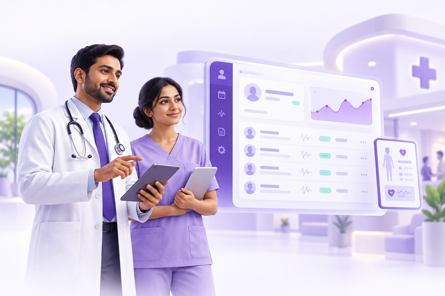 Illustration of a healthcare team using connected digital patient records