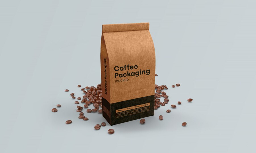 image giving idea of packing of product with carry bag and coffes beans